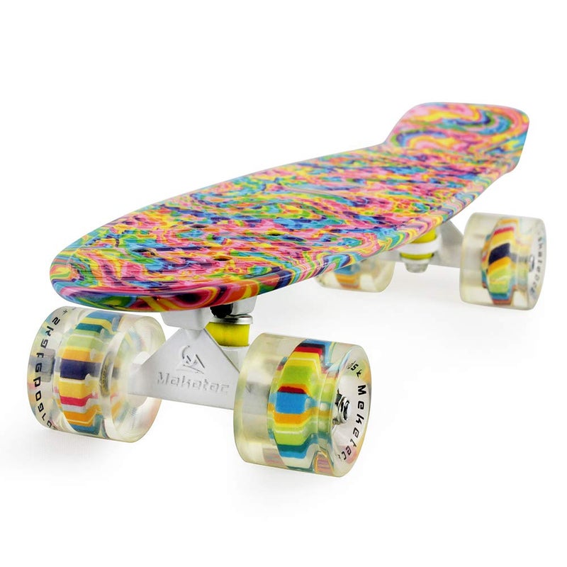 Meketec Skateboard Dog 22 inch Retro Mini Skateboards Kids Board for Boys Girl Youth Beginners Children Toddler Teenagers Adults 5 to 6 Year Old (Bending Color Lines) - Image 1